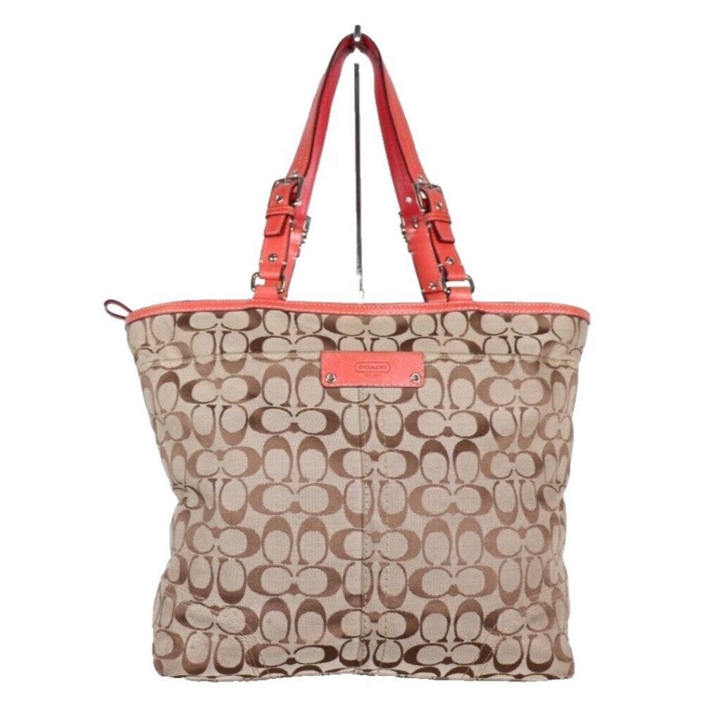 Coach Unisex Large Tan Orange Signature Hamptons Book Tote Bag Monogram Purse